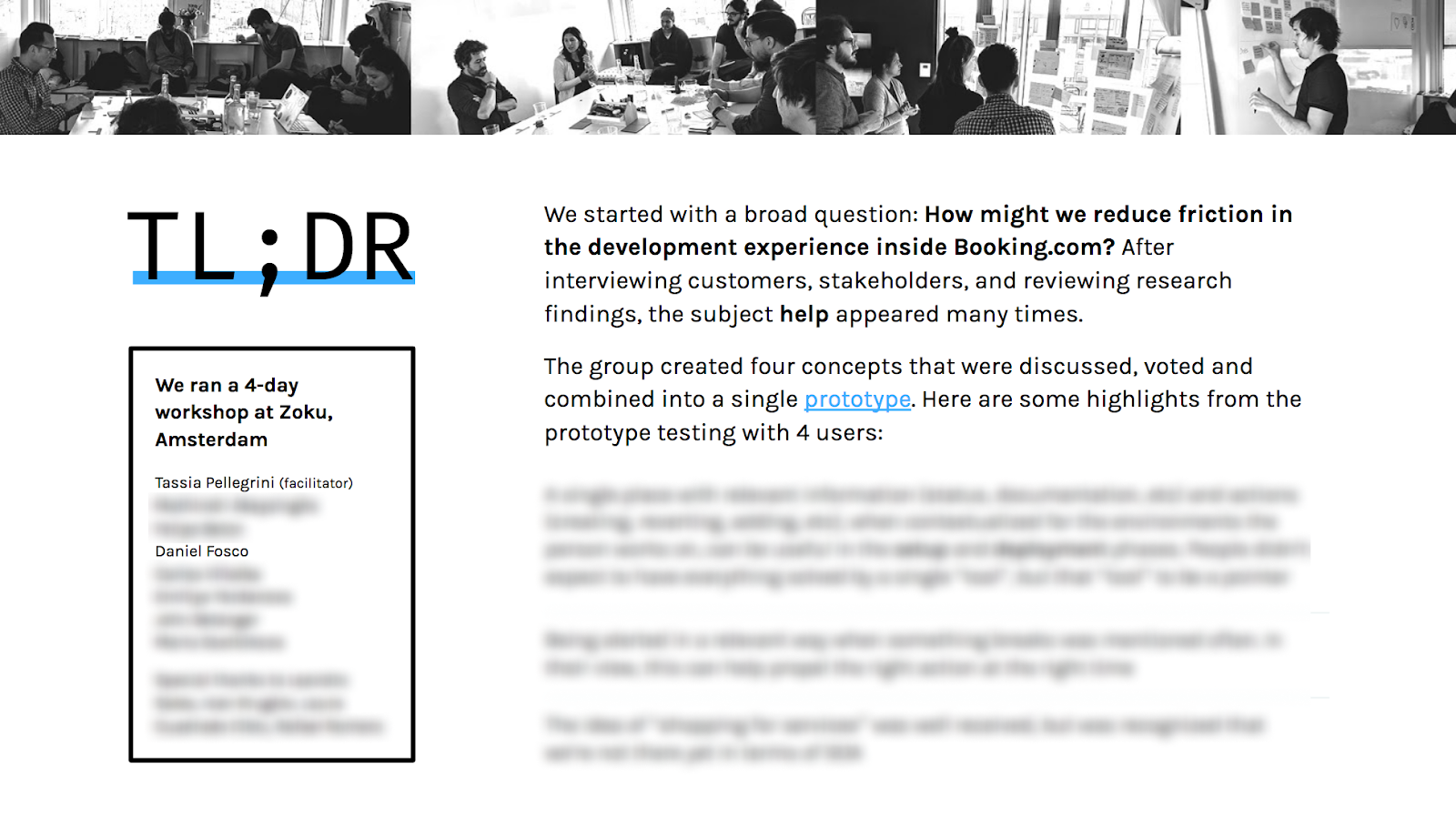 Slide with summary from Dev Experience design sprint