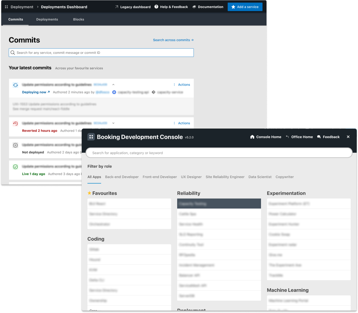 Screenshots showing Deployments and Developer Console projects