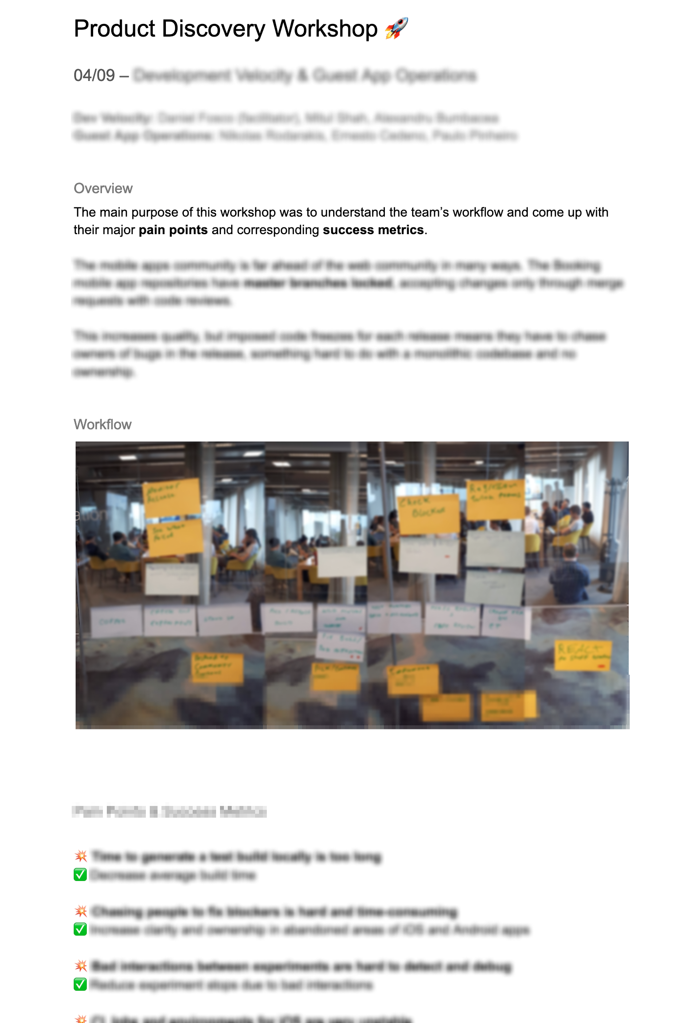 Document with blurred summary of Product Discovery Workshop