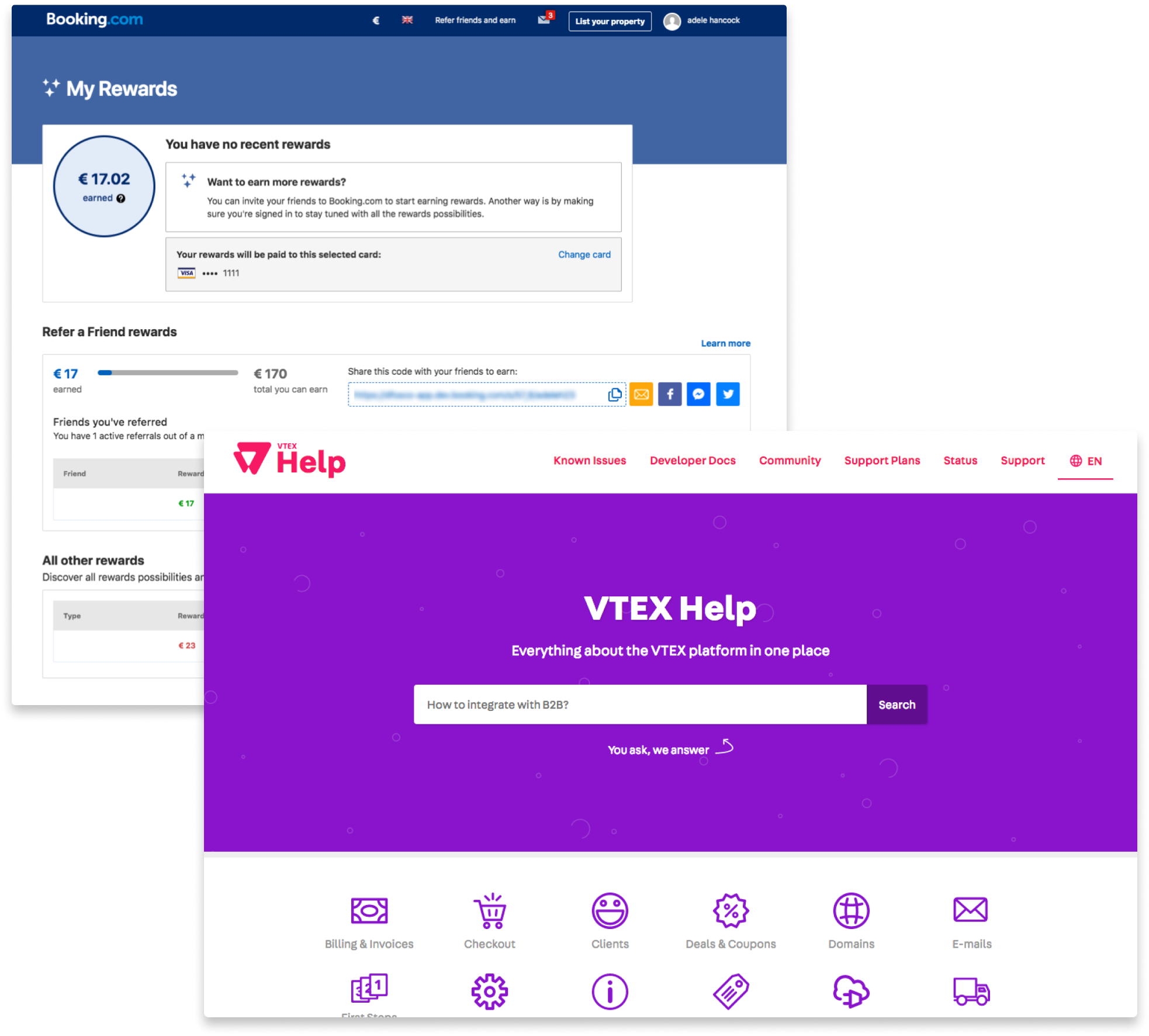 Screenshots for My Rewards and VTEX Help