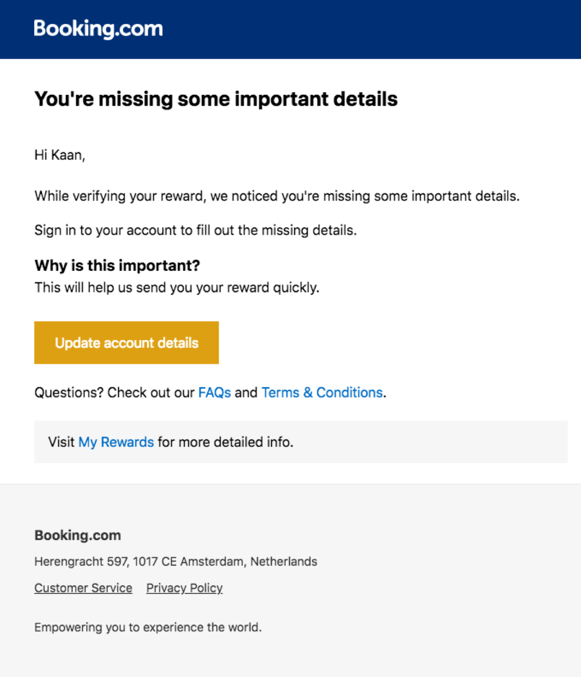 My Rewards email notification for missing details